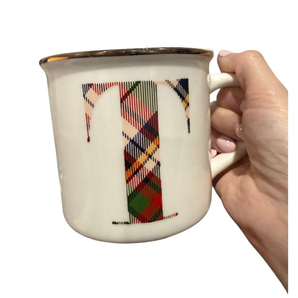 Pottery Barn Stewart Plaid Coffee Tea Mug Letter T Monogram 16oz Ceramic Holiday
